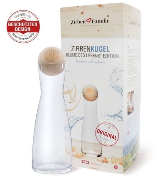 Zirbenkugel Wasserkaraffe mit Zirbenkugel "Blume des Lebens"