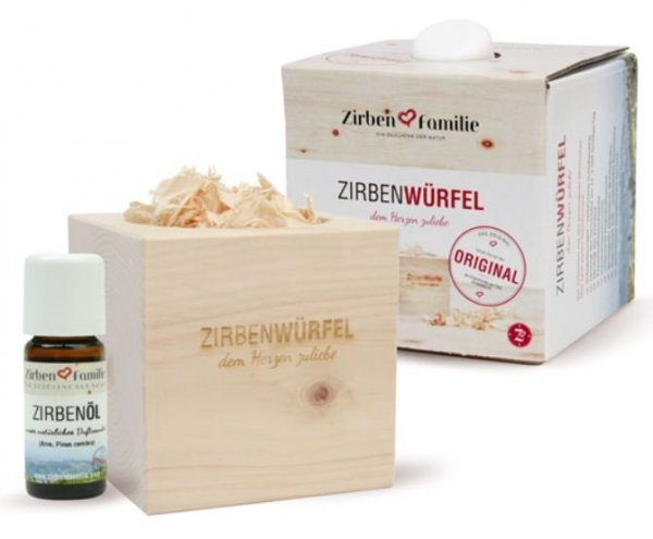 Zirbenwürfel das Original - Zirbenöl und Zirbenspäne